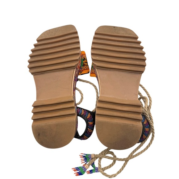 Farm Rio Beaded Platform Sandals Banana Print Rope Wrap Ankle Tie Multi Color 7